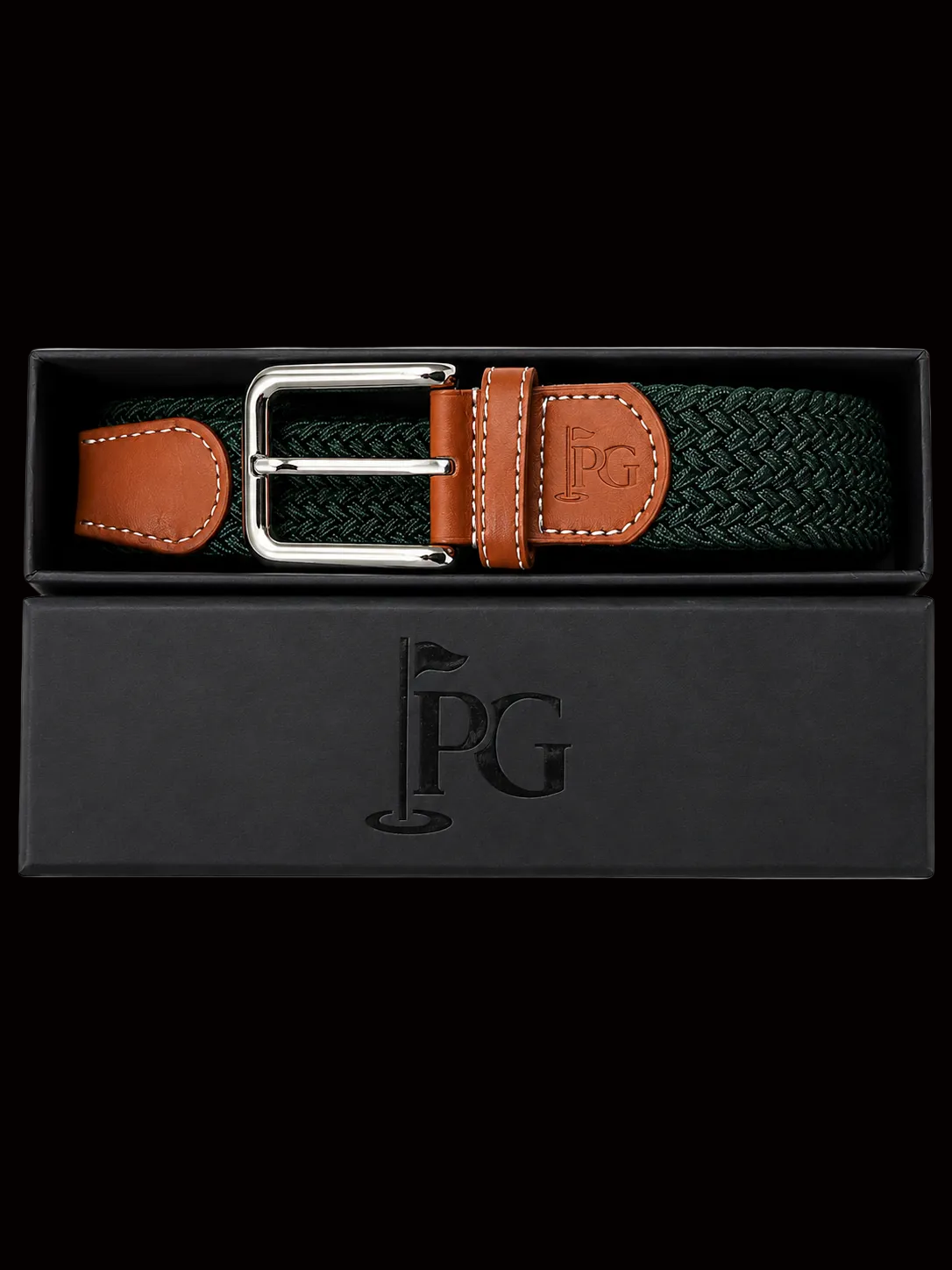 A Forest Green PG brand woven belt, brown leather accents, and a silver buckle