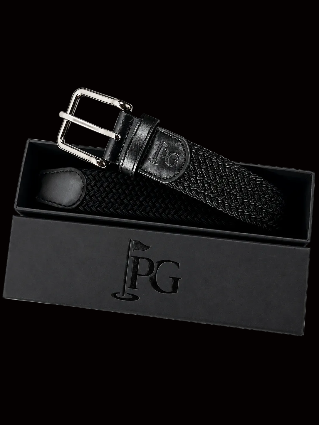 A Black PG brand woven belt, brown leather accents, and a silver buckle