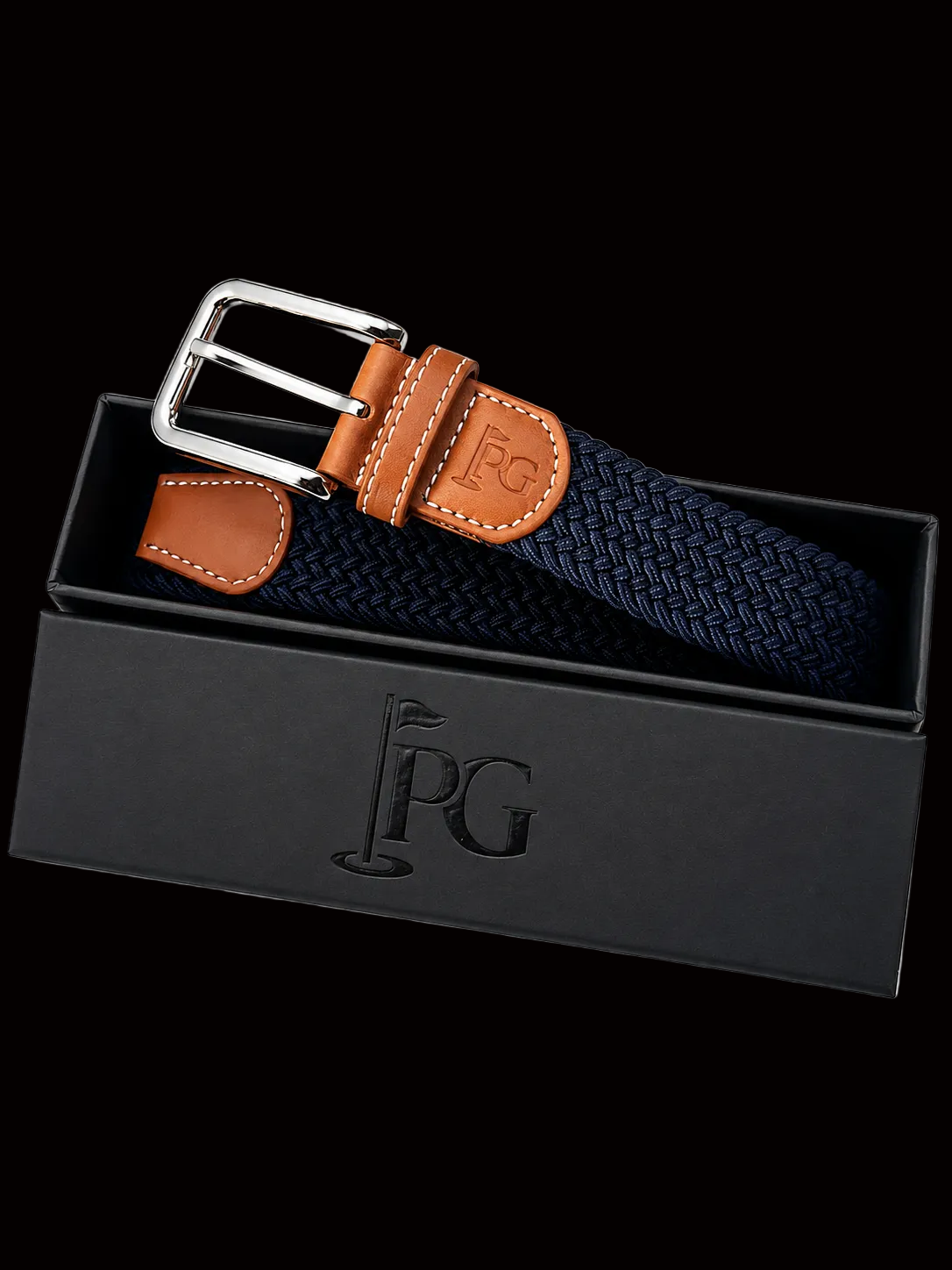A NAVY PG brand woven belt, brown leather accents, and a silver buckle