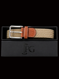 A Beige PG brand woven belt , brown leather accents, and a silver buckle