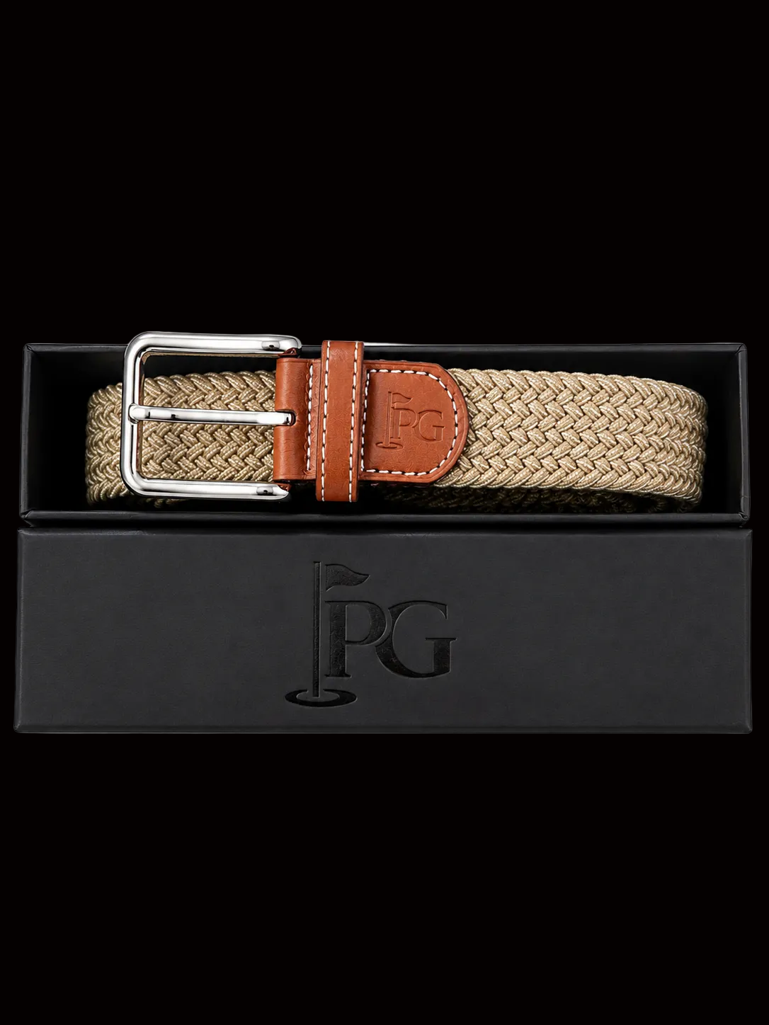 A Beige PG brand woven belt , brown leather accents, and a silver buckle