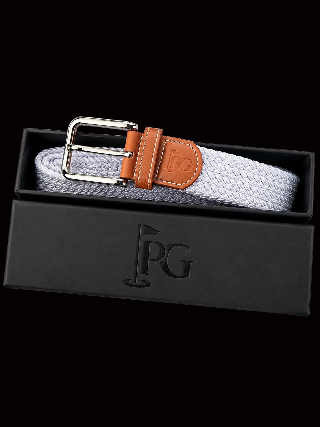 A Snow Gray PG brand woven belt, brown leather accents, and a silver buckle